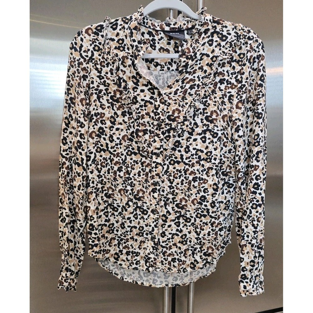 Anthropologie Maeve Leopard Print Ruffle Neck Top Boho Chic Indie Maximalist 4 - Picture 3 of 9